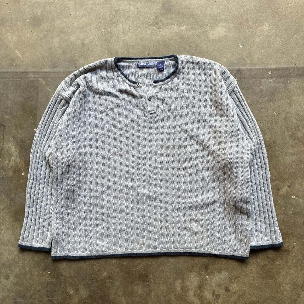 1990’s Structure Knit Henley Sweater Size XL Gray Ramie Cotton